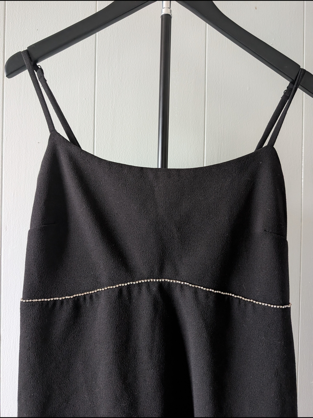 Arula Mini Black Spaghetti Strap Dress with Rhinestone Trim